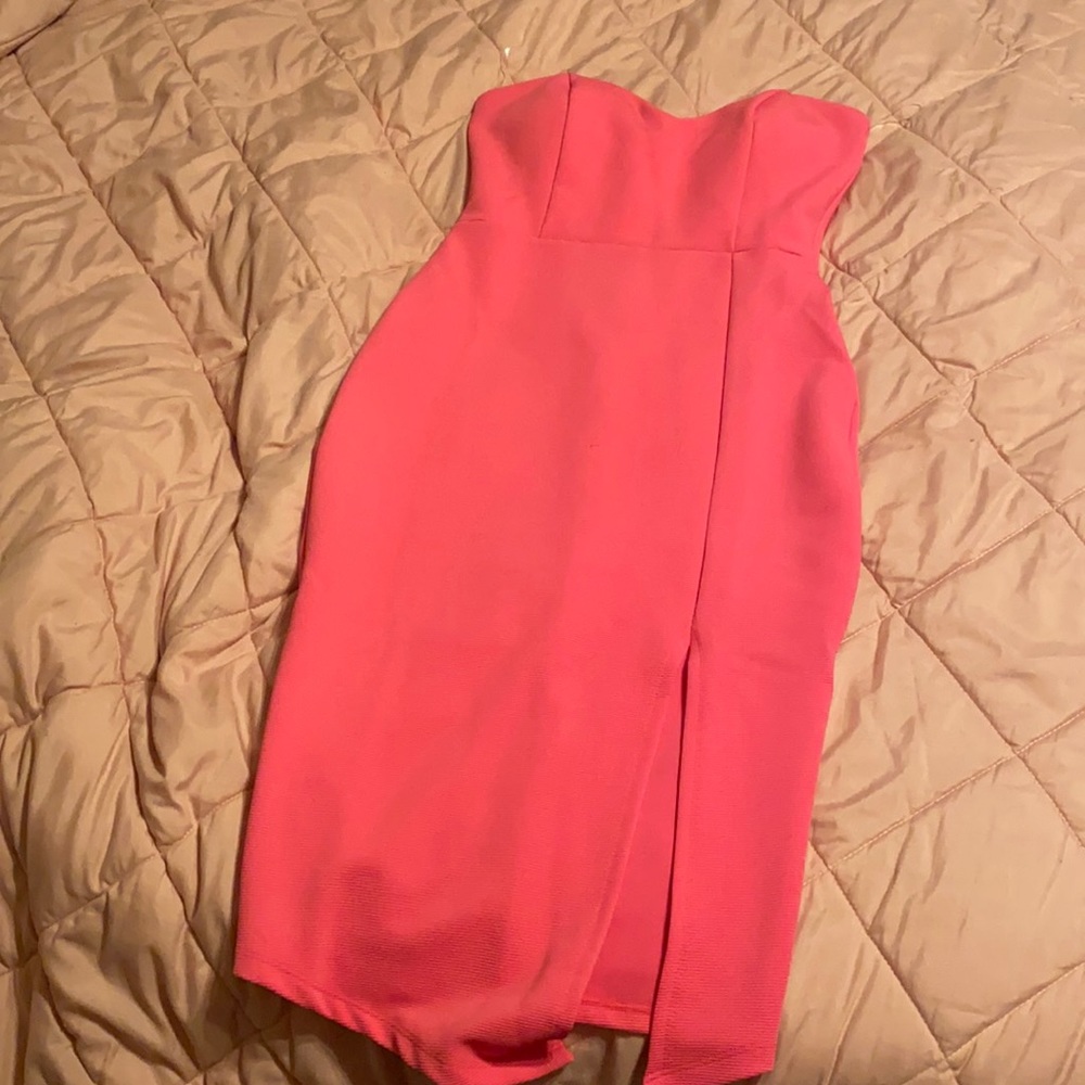 Hot pink strapless dress with side slit